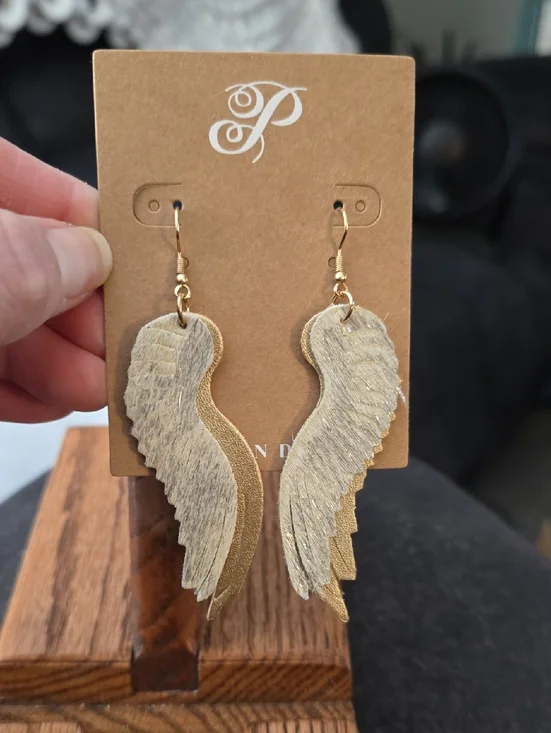 Wing Drop Earrings in Gold and Natural - Felt Material. Plunder Brand - Picture 1 of 3